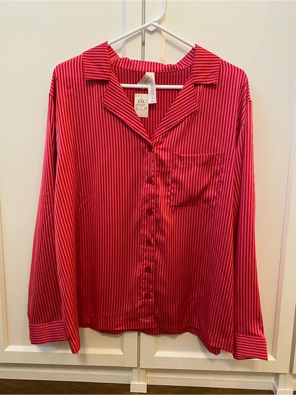 Auden Womens XXL Pink Red Striped Satin Pajama Long Sleeve Shirt